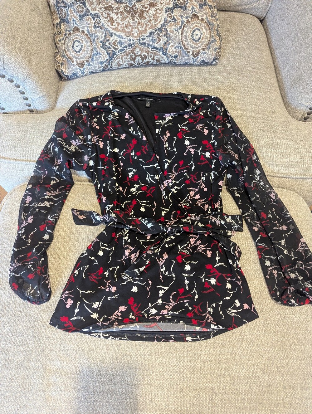 White House Black Market Black Floral Tie-Waist Long Sleeve Blouse. Sheer Sleeve